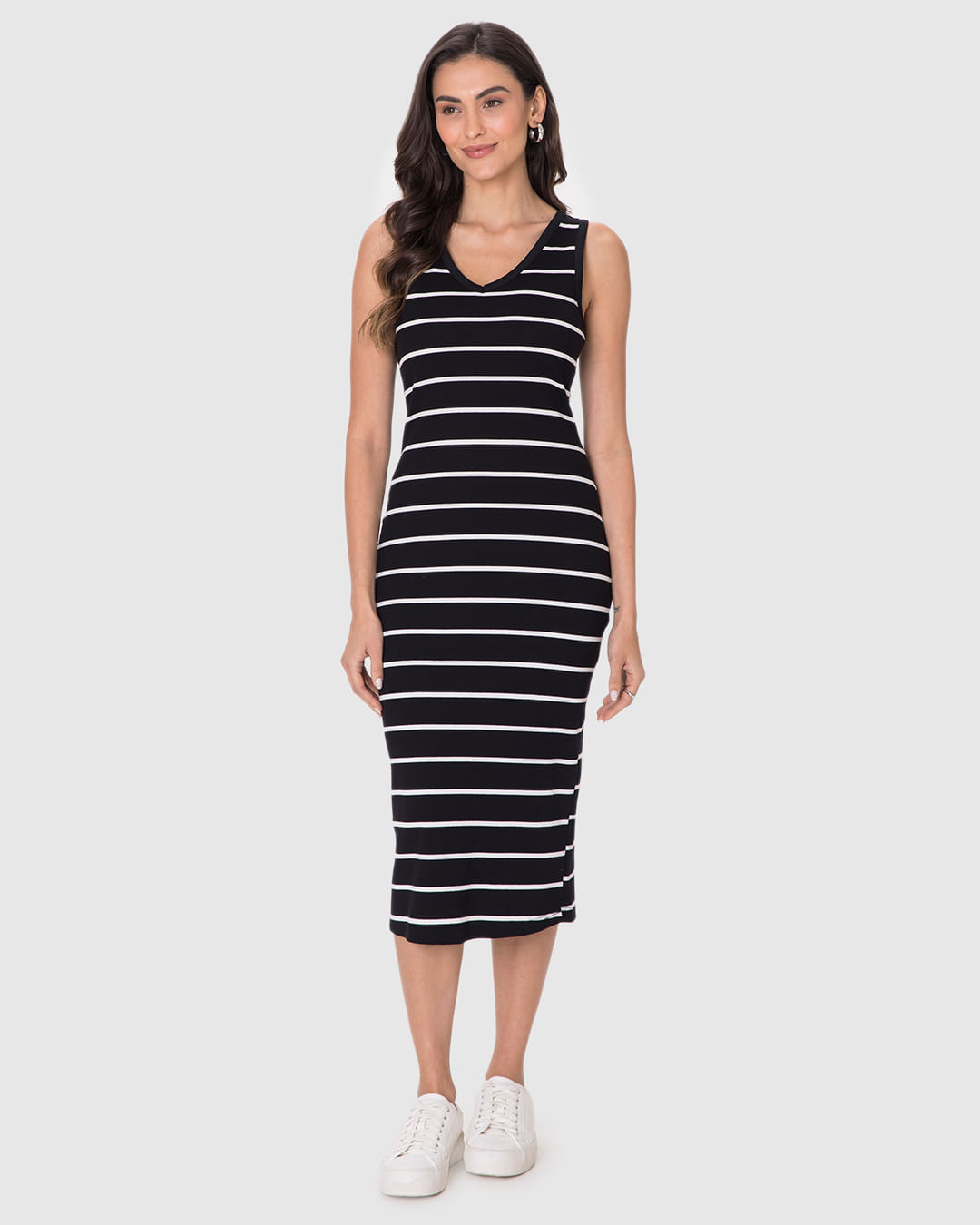 Vestido Midi Feminino Decote V Listrado Em Ribana - Imagem 19