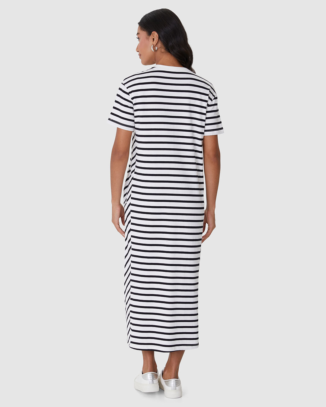 Vestido Midi Feminino Listrado Bolso Funcional Em Malha Algodão - Imagem 10