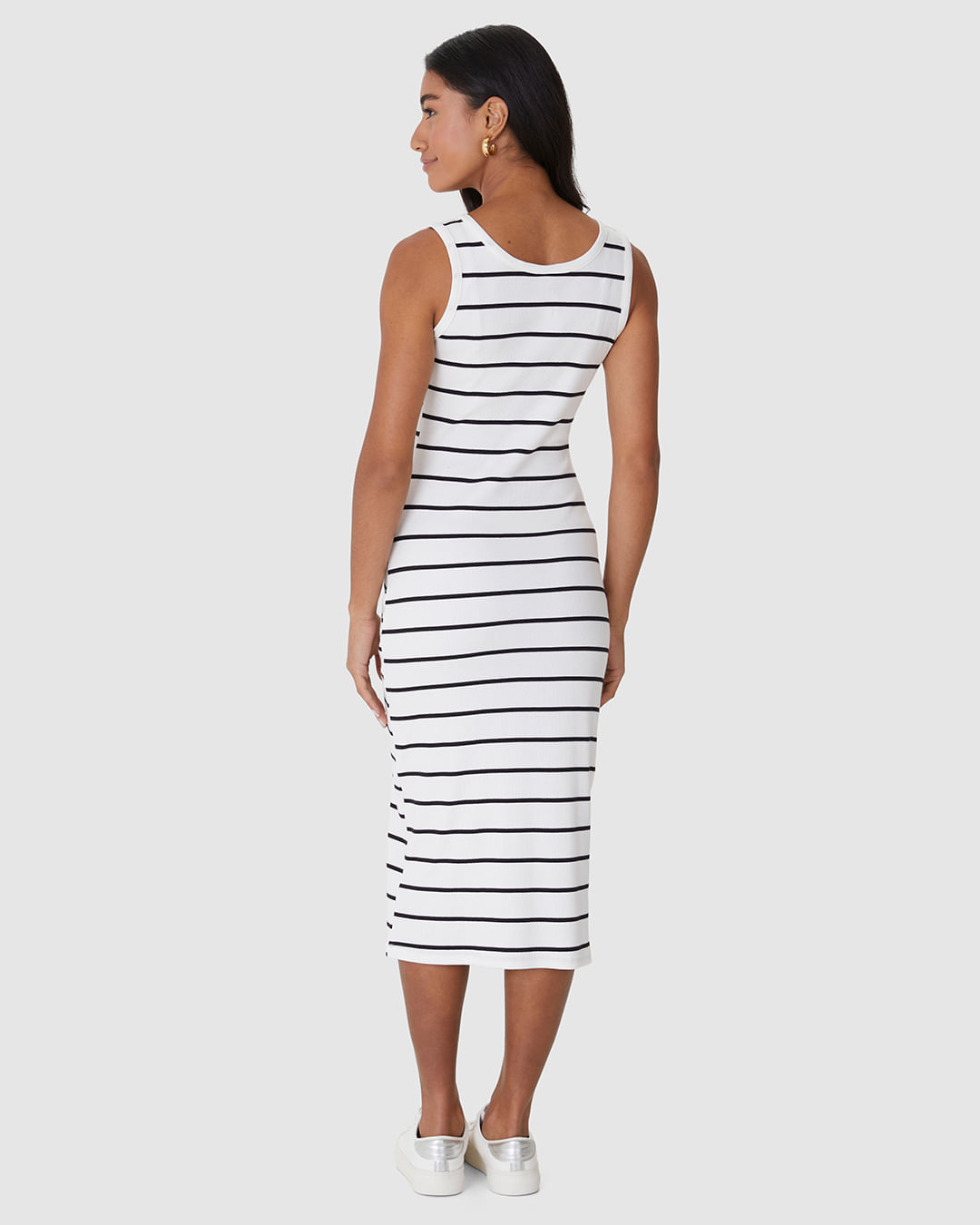 Vestido Midi Feminino Decote V Listrado Em Ribana - Imagem 10