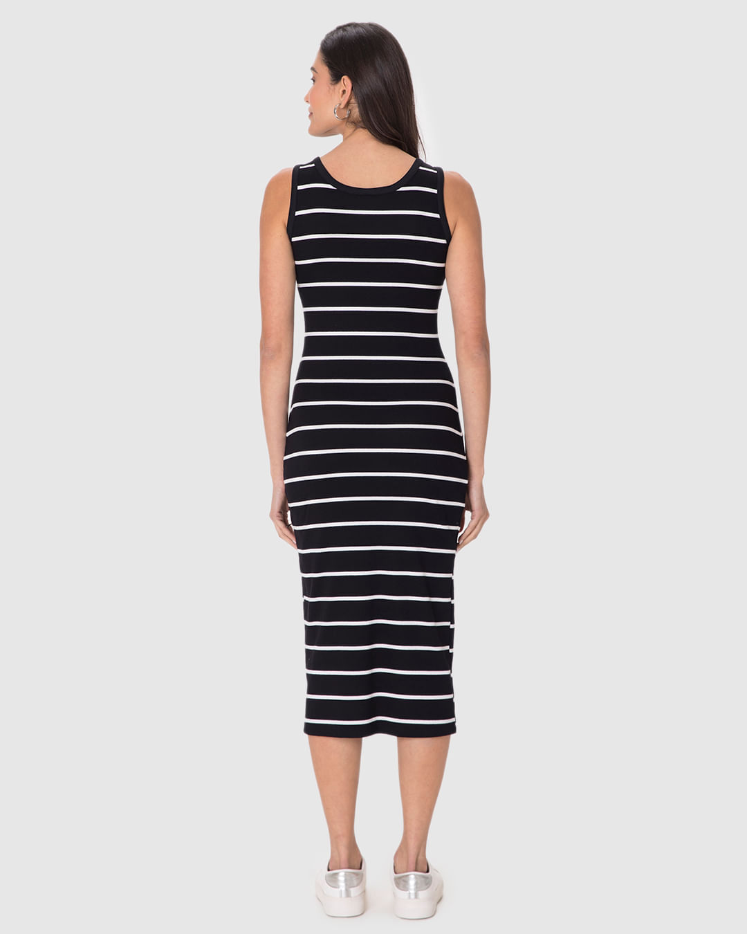 Vestido Midi Feminino Decote V Listrado Em Ribana - Imagem 5