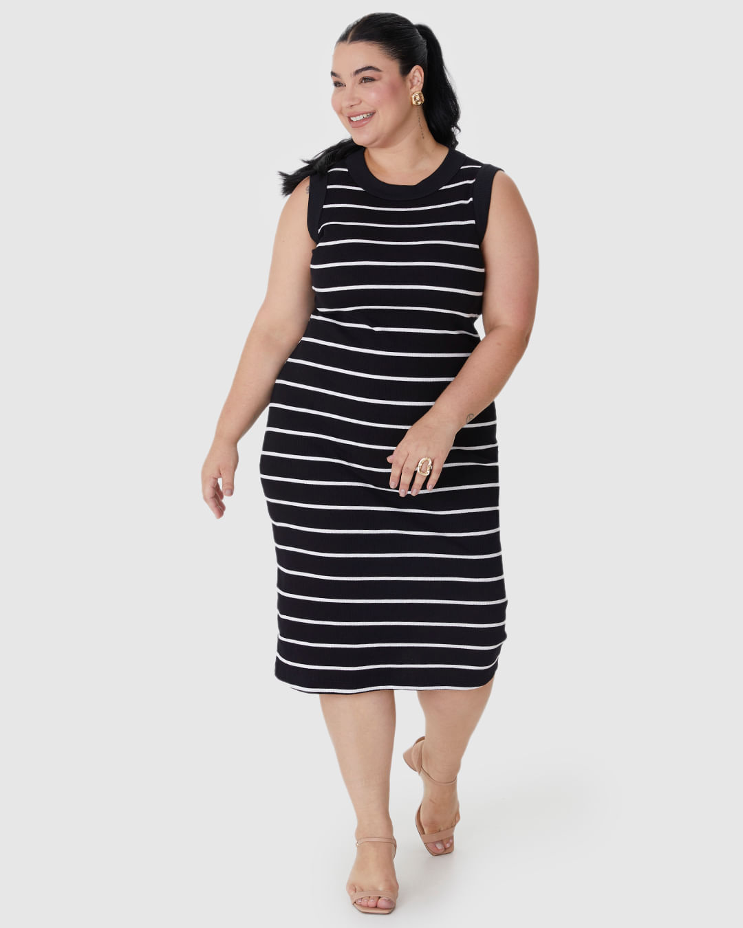 Vestido Midi Feminino Plus Size Justo Em Ribana Listrada - Imagem 6