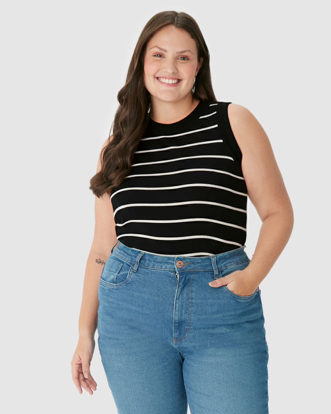 Regata Feminina Plus Size Justa Costura Contraste Em Ribana Listrada - Imagem 16