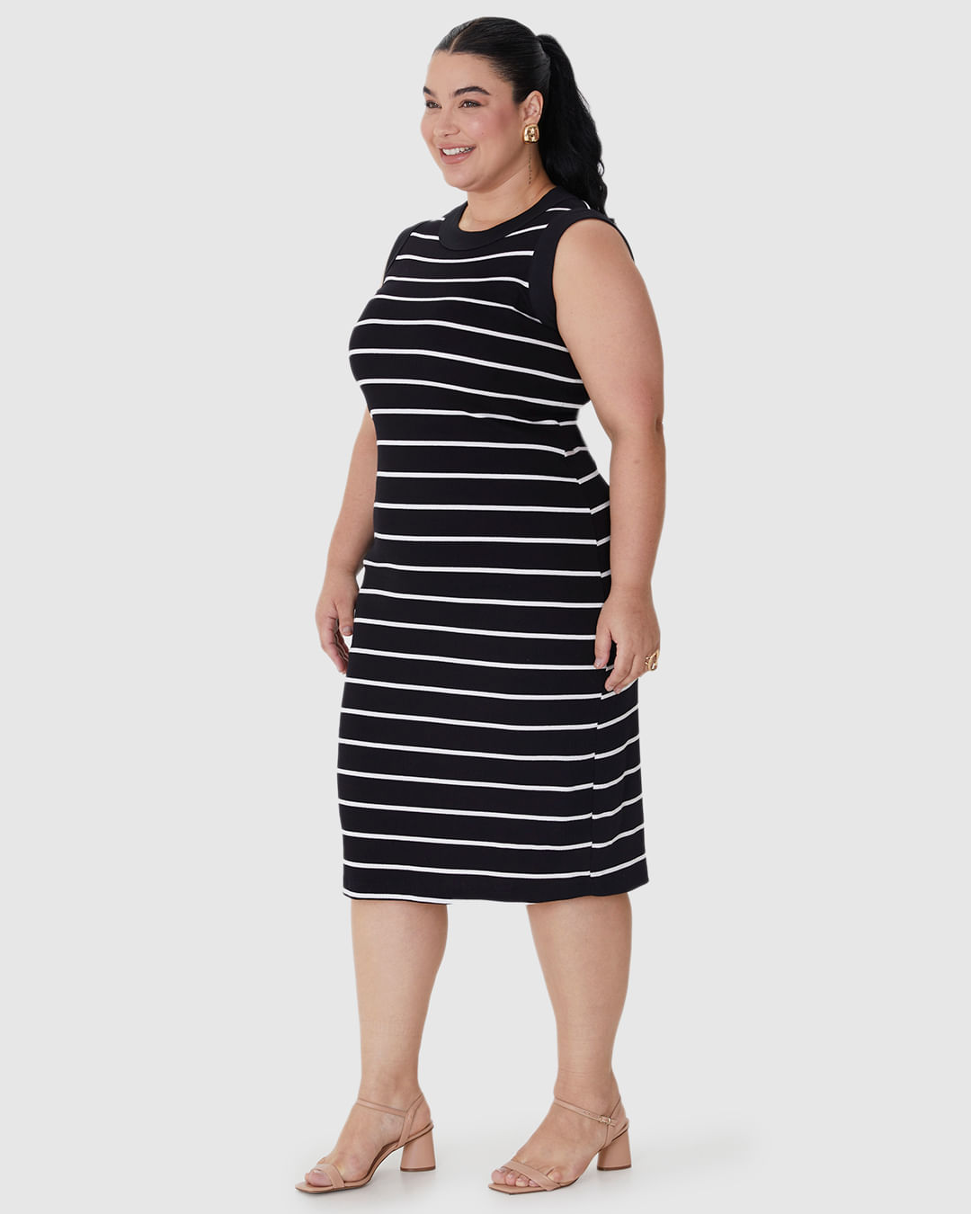Vestido Midi Feminino Plus Size Justo Em Ribana Listrada - Imagem 2