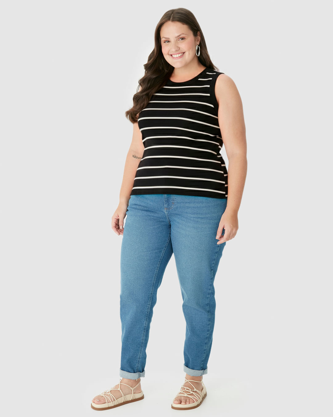 Regata Feminina Plus Size Justa Costura Contraste Em Ribana Listrada - Imagem 12