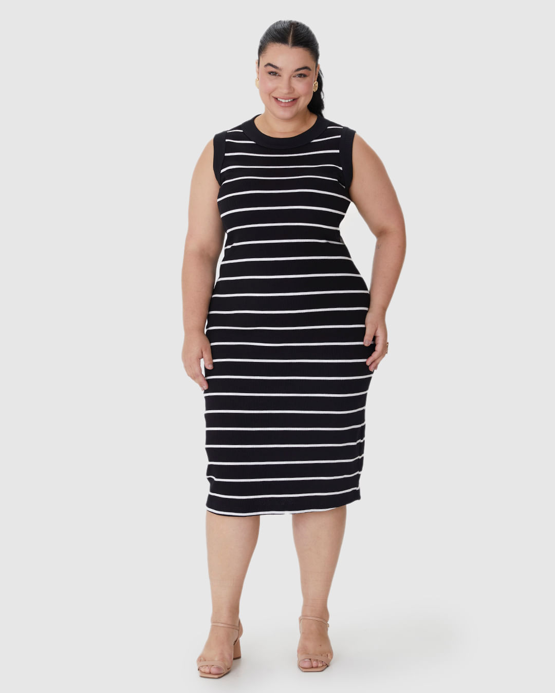Vestido Midi Feminino Plus Size Justo Em Ribana Listrada - Imagem 14