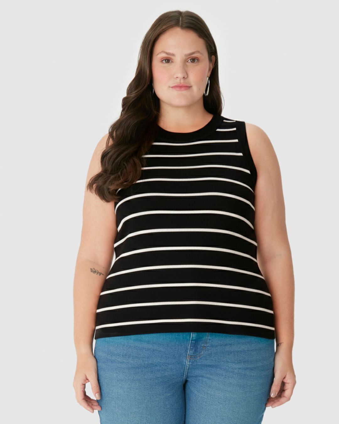 Regata Feminina Plus Size Justa Costura Contraste Em Ribana Listrada - Imagem 4