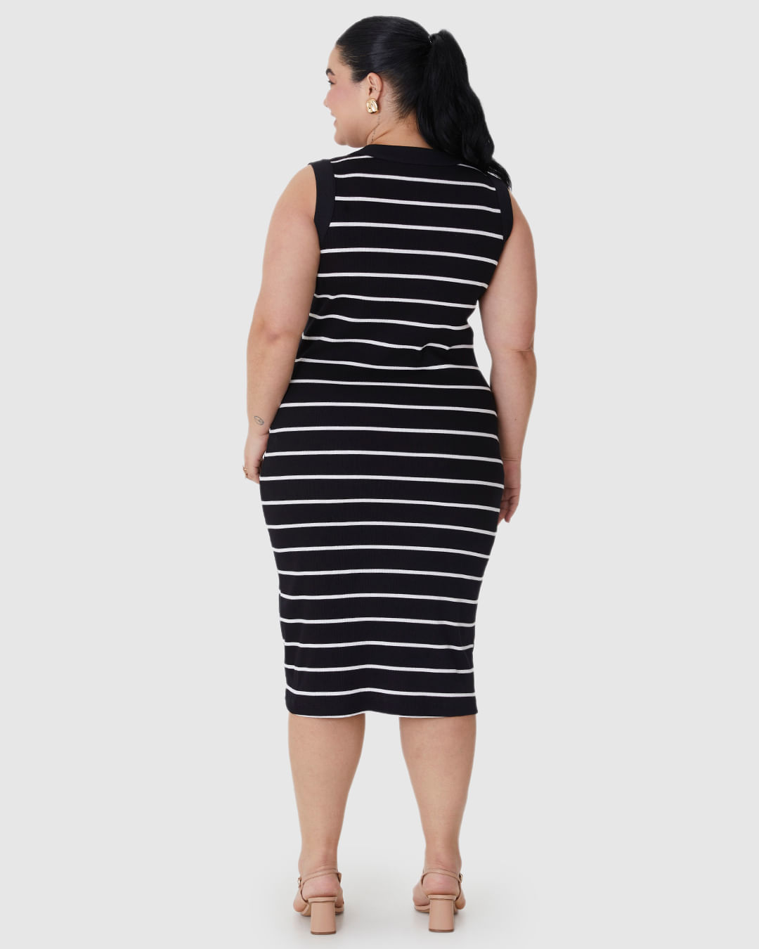 Vestido Midi Feminino Plus Size Justo Em Ribana Listrada - Imagem 5
