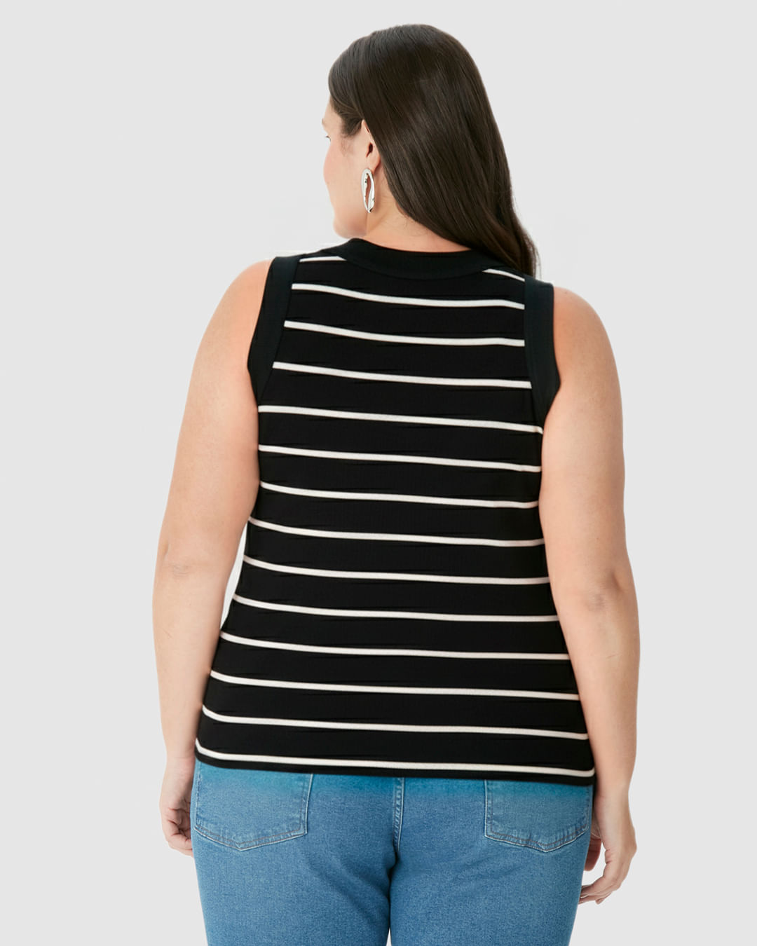 Regata Feminina Plus Size Justa Costura Contraste Em Ribana Listrada - Imagem 5