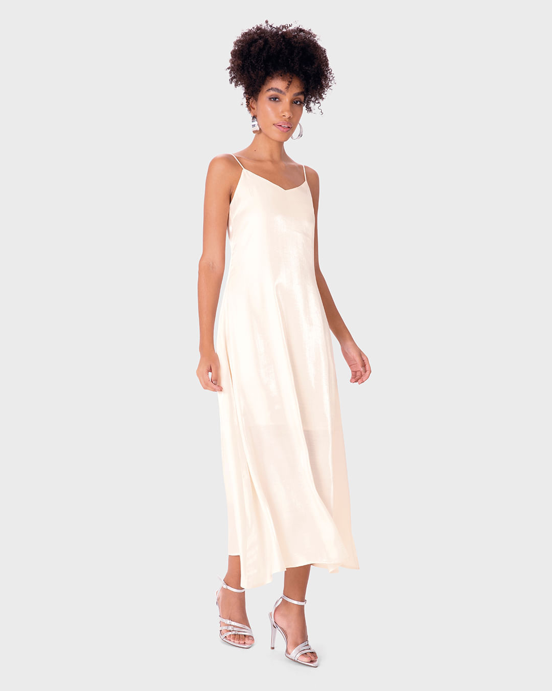 Vestido Midi Feminino Evasê Alça Fina em Tecido Acetinado Glow - ENFIM