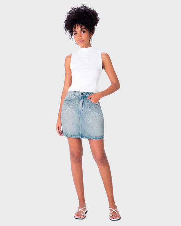 Saia Evasê Feminina Aplique Termocolante Em Jeans Stretch - ENFIM Azul - 40