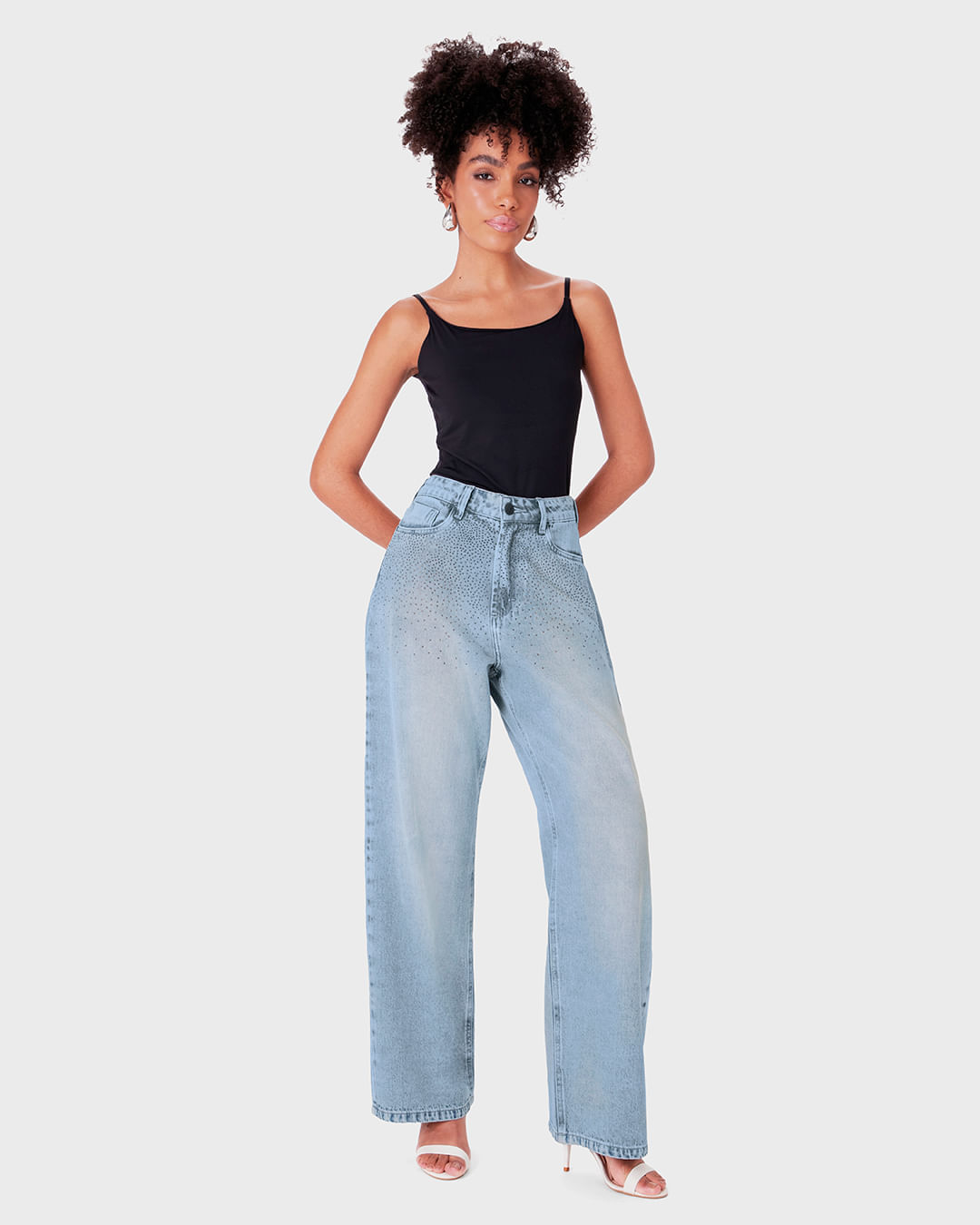 Calça Wide Leg Feminina Aplique Rebite Em Jeans 100% Algodão - ENFIM - Imagem 13