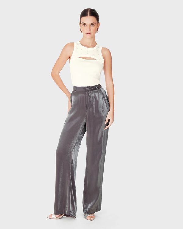 Calça Feminina Reta Bolso Funcional Em Tecido Acetinado Glow - ENFIM Cinza - M