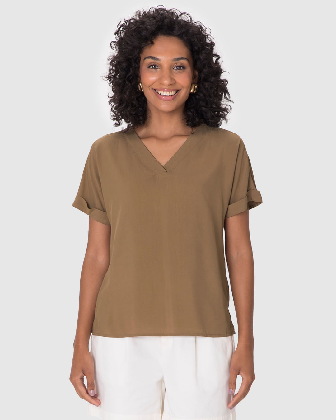 Blusa Feminina Decote V Manga Curta Dobrada Em Viscose - Imagem 4
