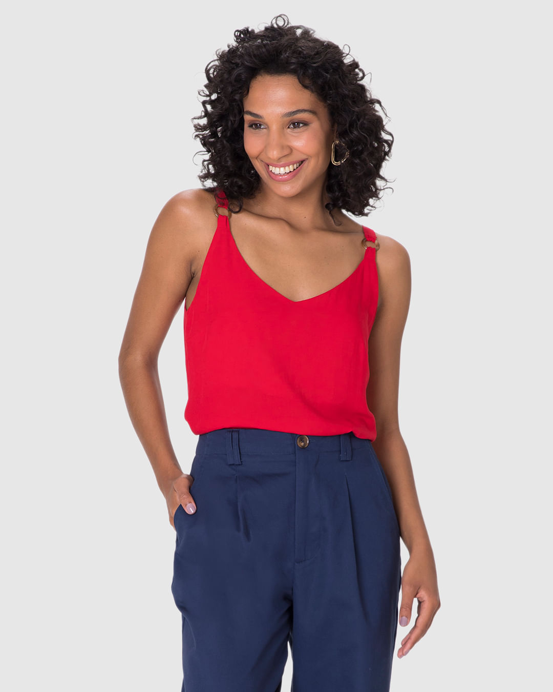 Regata Feminina Reta Decote V Alça Detalhe Argola Em Viscose - Imagem 23