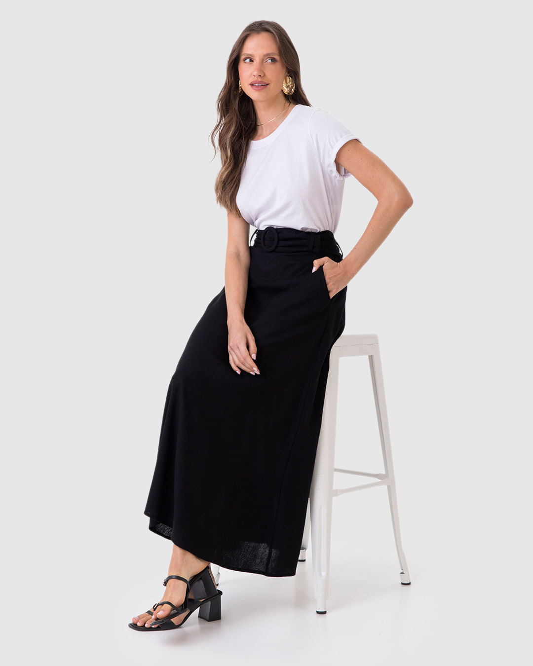 Saia Midi Feminina Acompanha Cinto Bolso Faca Em Viscolinho