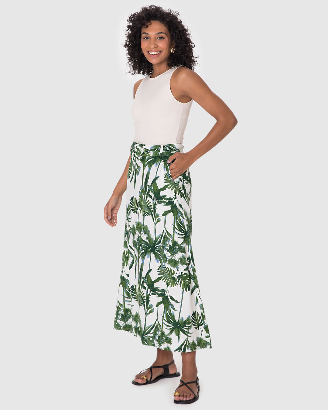 Saia Midi Feminina Acompanha Cinto Bolso Faca Em Viscolinho - Imagem 3