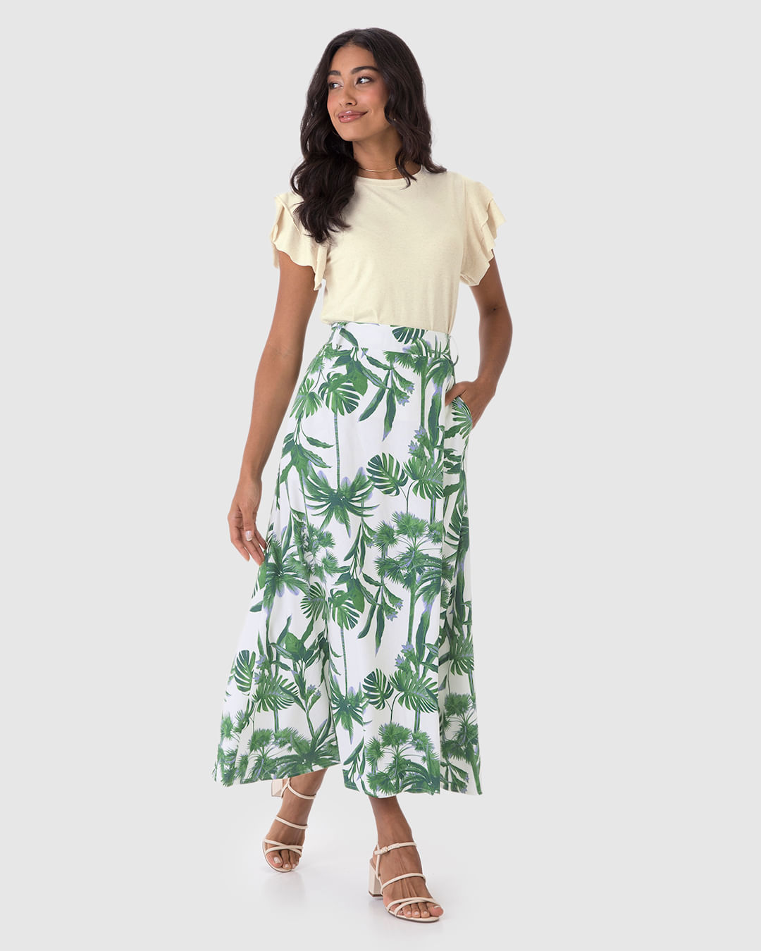 Saia Midi Feminina Acompanha Cinto Bolso Faca Em Viscolinho - Imagem 7