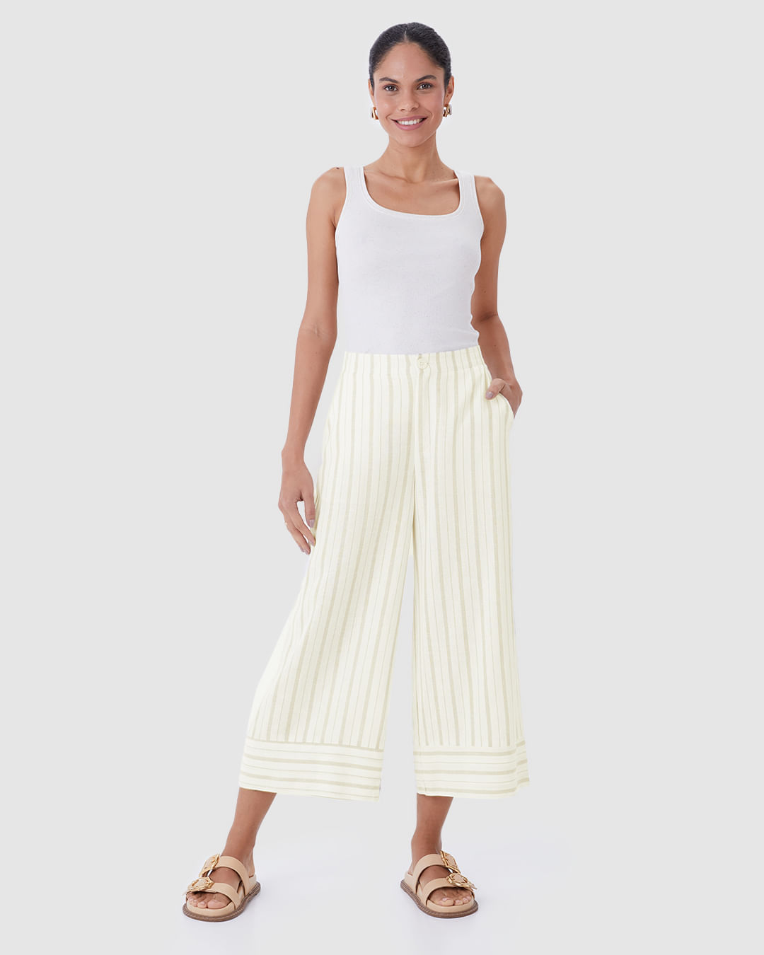 Calça Pantacourt Feminina Bolso Faca Em Viscolinho Lurex - Imagem 8