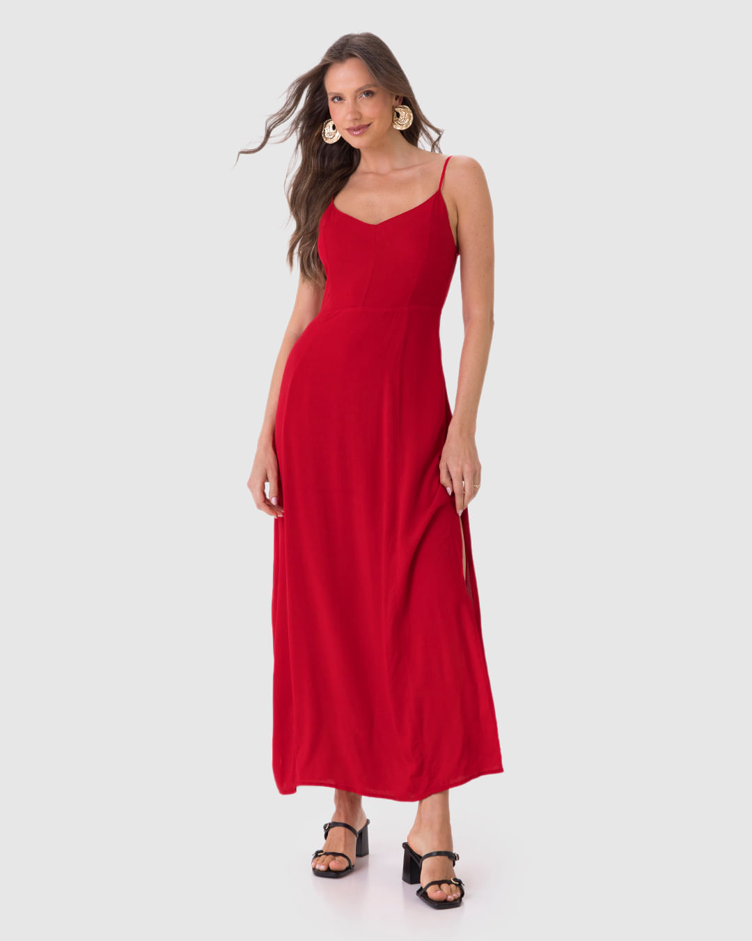 Vestido Midi Feminino Alça Fina Detalhe Fenda Lateral Em Viscose