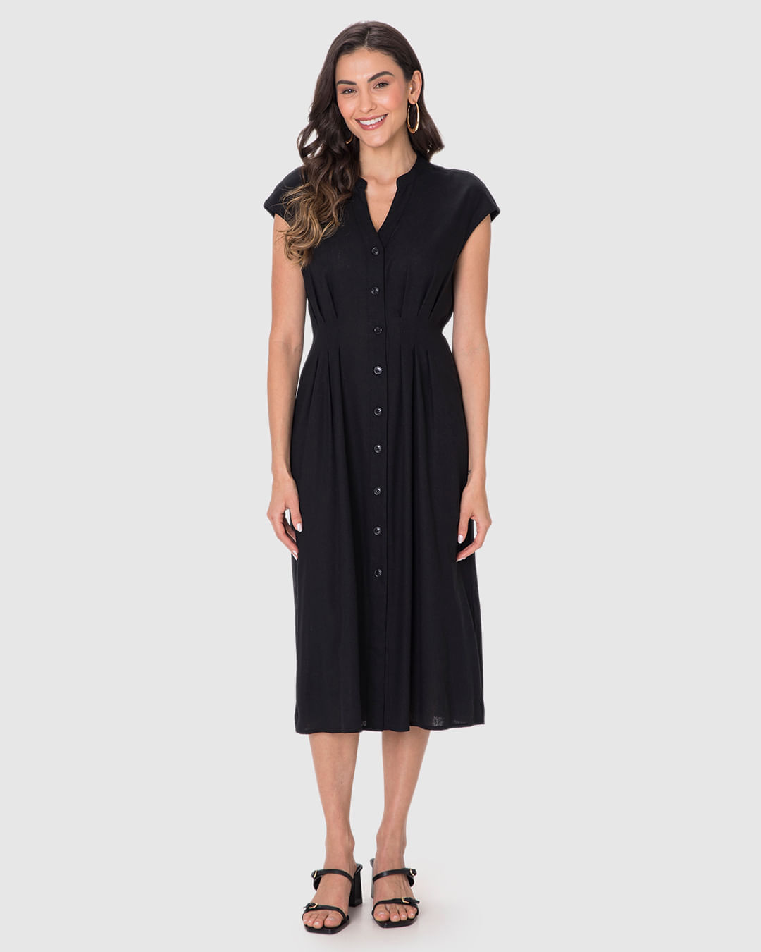 Vestido Midi Feminino Chemise Abotoamento Frontal Em Viscolinho - Imagem 5