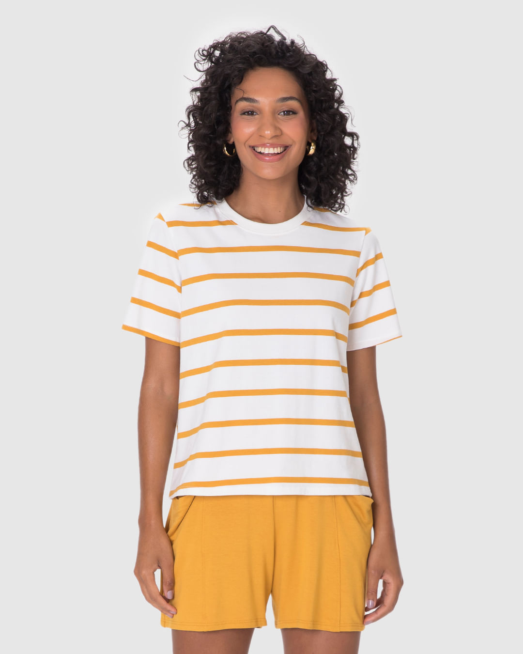 Camiseta Feminina Reta Manga Curta Em Malha Listrada - Imagem 9