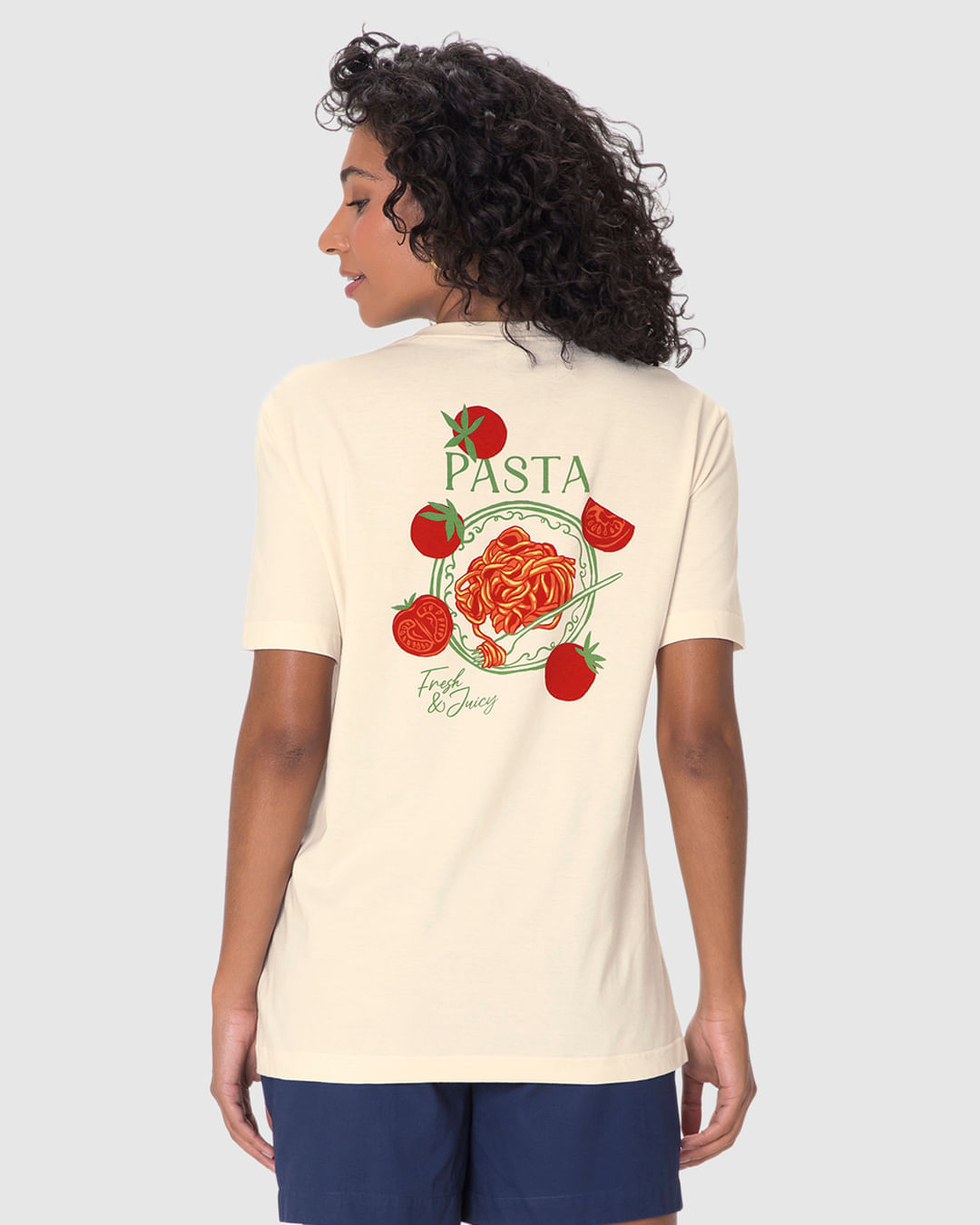 Camiseta Ampla Feminina Estampa Costas Pasta Fresh & Juice Em Algodão - Imagem 6