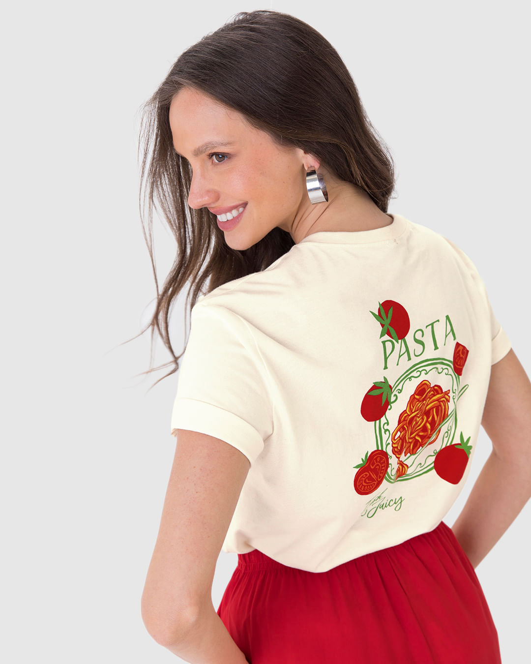 Camiseta Ampla Feminina Estampa Costas Pasta Fresh & Juice Em Algodão - Imagem 7