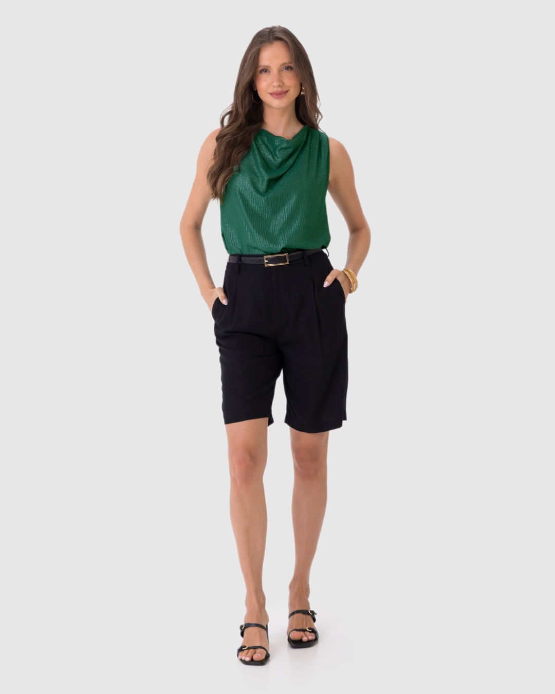 Blusa Feminina Evasê Decote Drapeado Fenda Lateral Em Viscose Lurex
