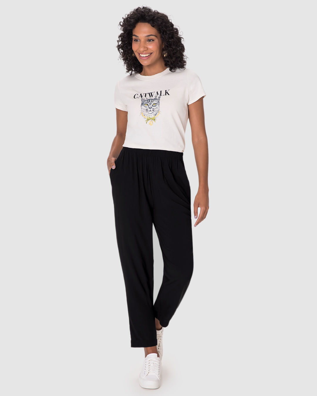 Calça Reta Feminina Cós Elástico Bolso Faca Em Viscose - Imagem 2