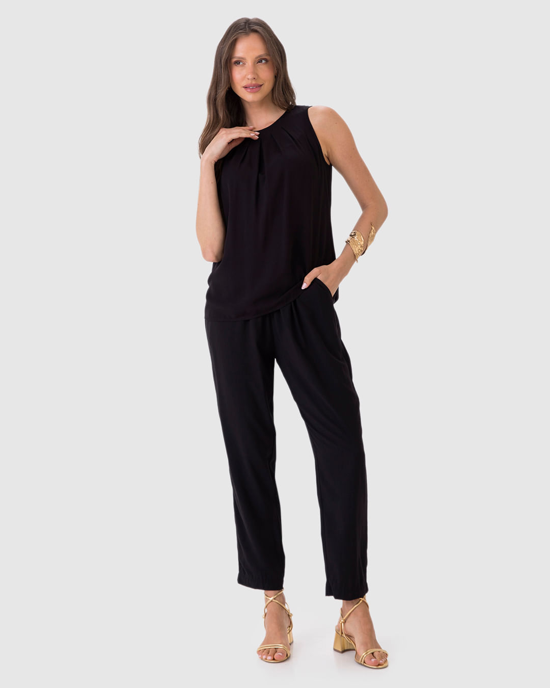 Calça Reta Feminina Cós Elástico Bolso Faca Em Viscose - Imagem 25