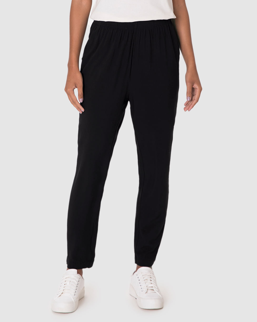 Calça Reta Feminina Cós Elástico Bolso Faca Em Viscose - Imagem 29