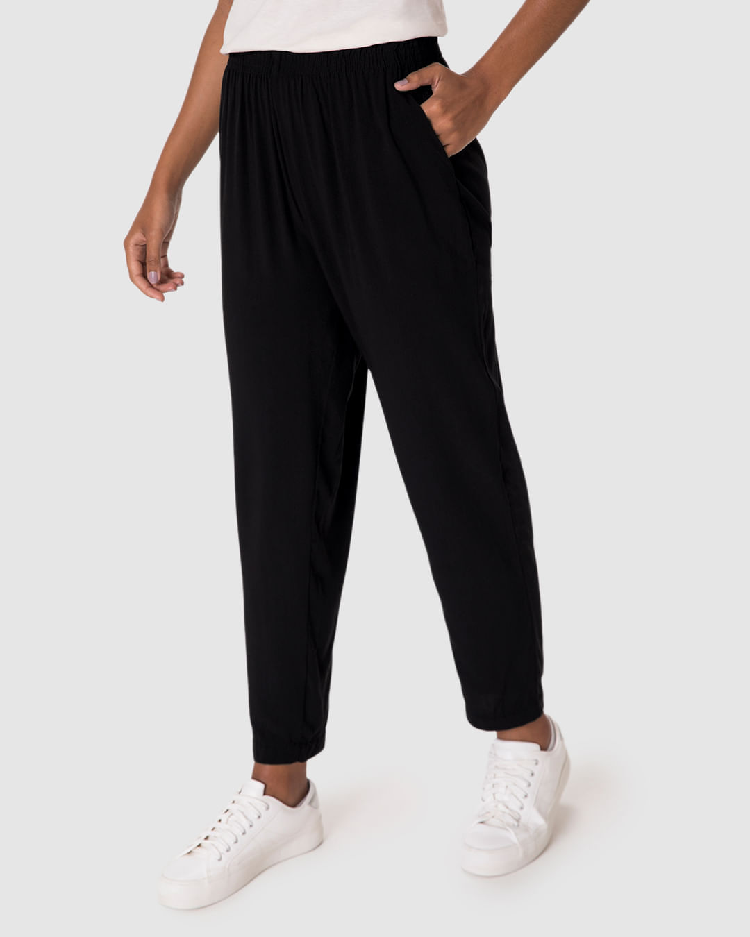 Calça Reta Feminina Cós Elástico Bolso Faca Em Viscose - Imagem 34