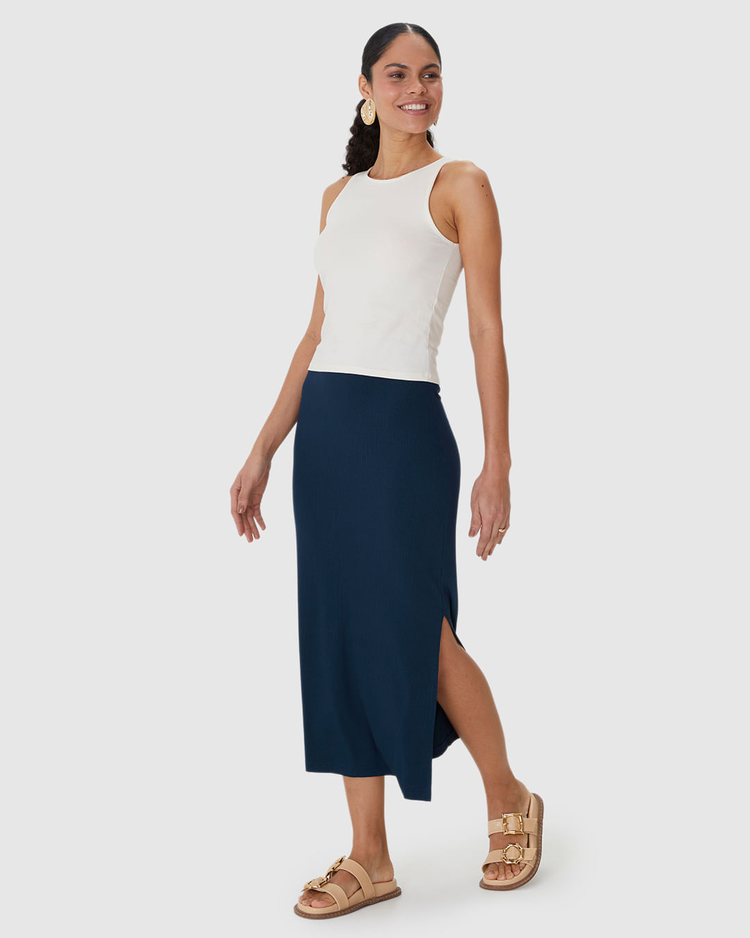 Saia Midi Feminina Básica Fenda Lateral Em Malha Viscose Canelada - Imagem 2