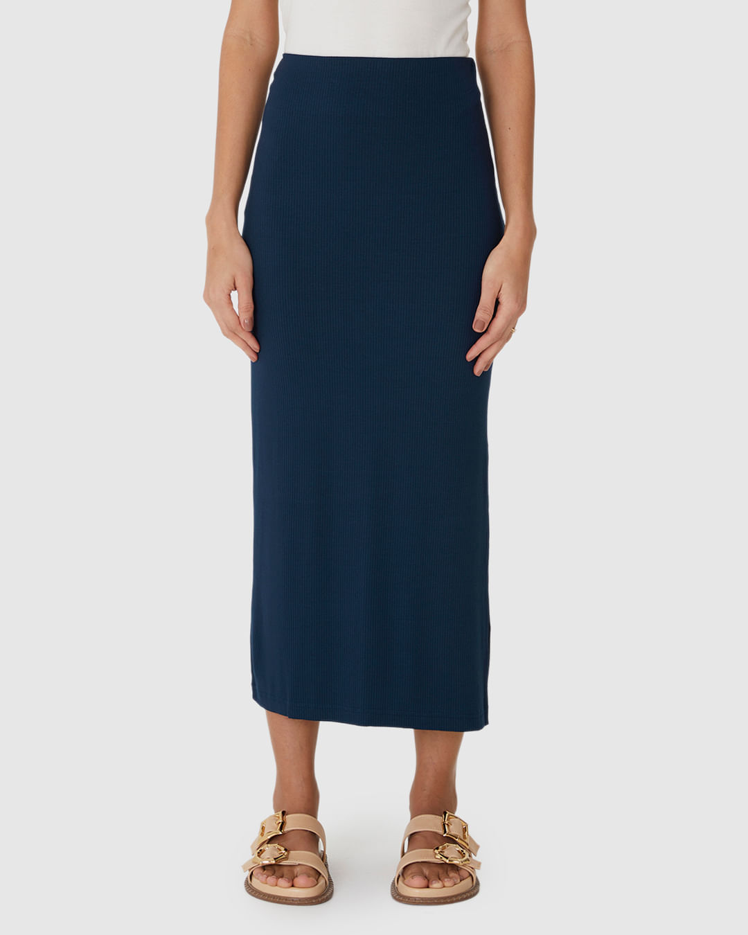 Saia Midi Feminina Básica Fenda Lateral Em Malha Viscose Canelada - Imagem 11