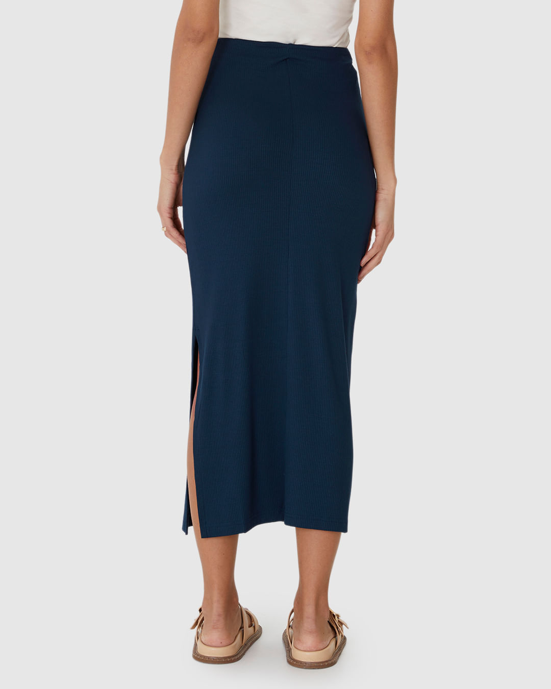 Saia Midi Feminina Básica Fenda Lateral Em Malha Viscose Canelada - Imagem 12