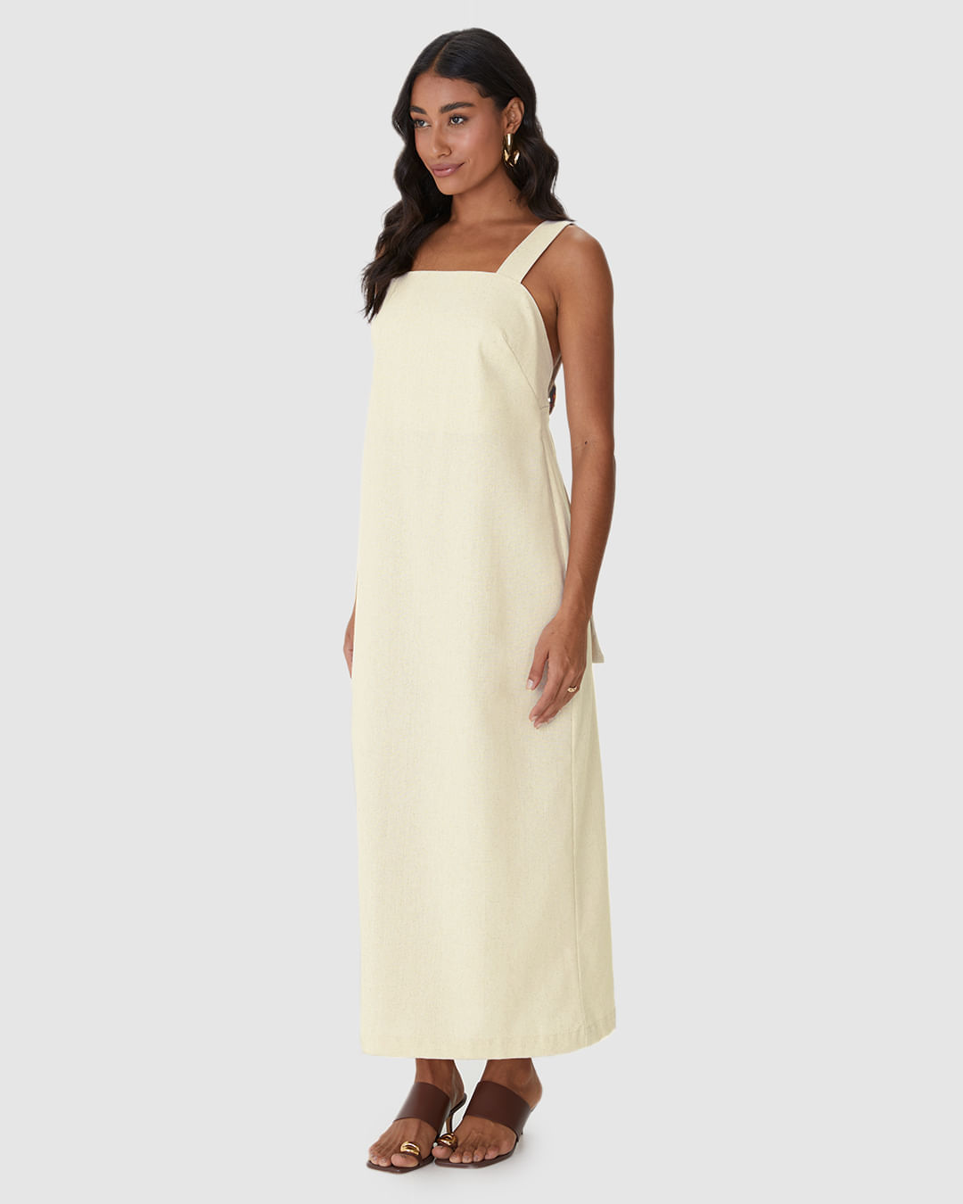 Vestido Midi Feminino Alça Com Aviamento Fenda Costas Em Viscolinho - Imagem 2