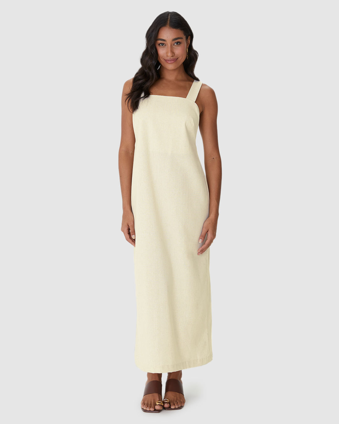 Vestido Midi Feminino Alça Com Aviamento Fenda Costas Em Viscolinho - Imagem 12