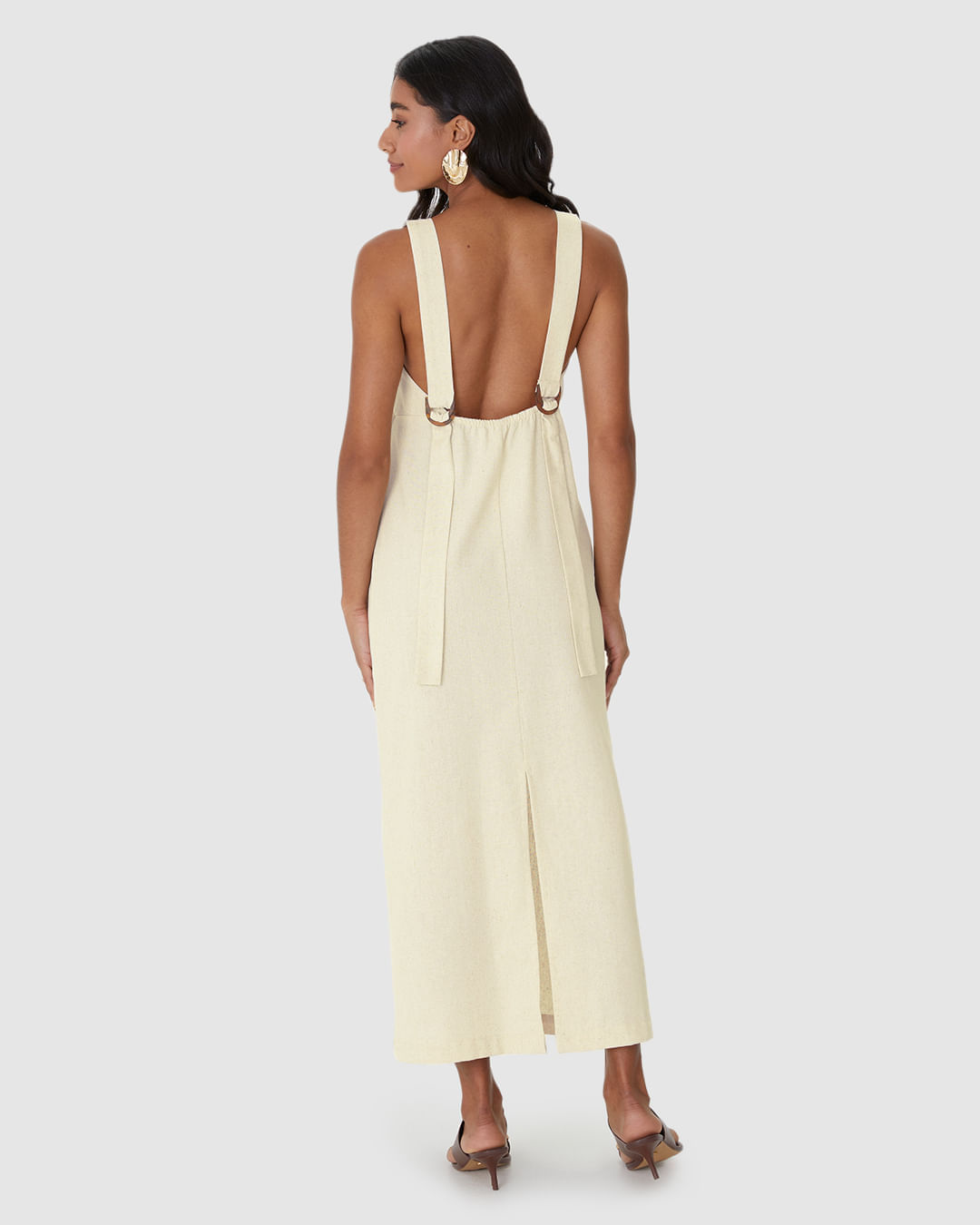 Vestido Midi Feminino Alça Com Aviamento Fenda Costas Em Viscolinho - Imagem 13