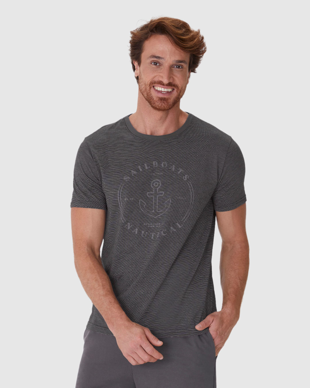 Camiseta Masculina Slim Sailboats Nautical em Malha Fio a Fio