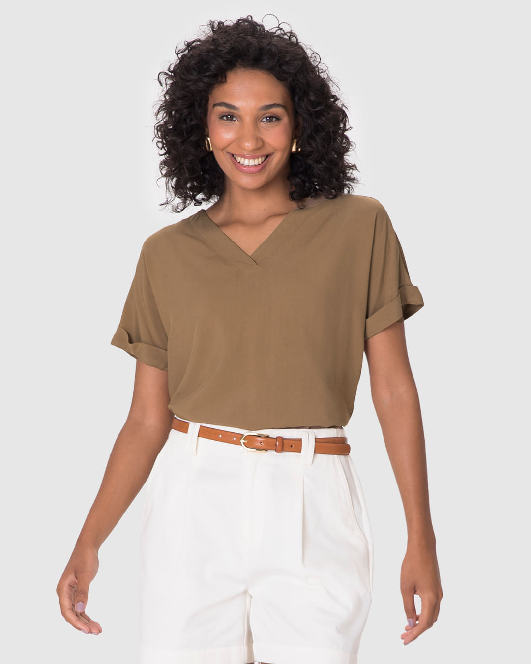 Blusa Feminina Decote V Manga Curta Dobrada Em Viscose - Imagem 7