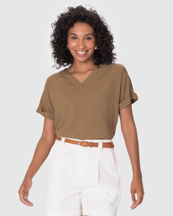 Blusa Feminina Decote V Manga Curta Dobrada Em Viscose Marrom - P