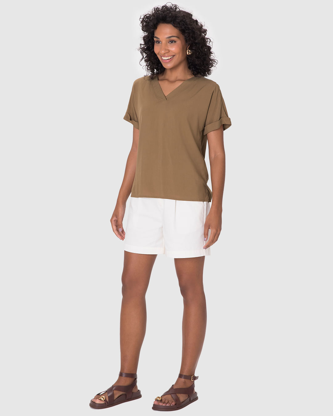 Blusa Feminina Decote V Manga Curta Dobrada Em Viscose - Imagem 20