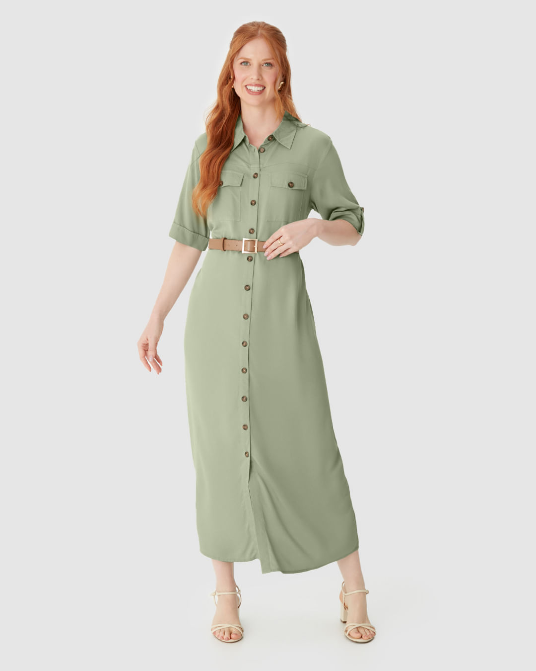Vestido Midi Feminino Chemise Acompanha Cinto Em Viscose Sarjada - Imagem 11