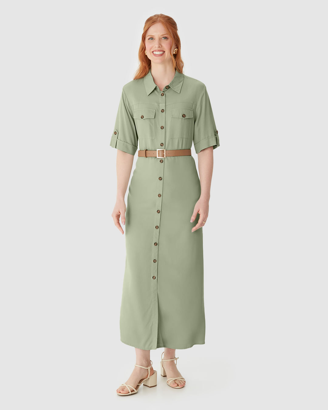 Vestido Midi Feminino Chemise Acompanha Cinto Em Viscose Sarjada - Imagem 14