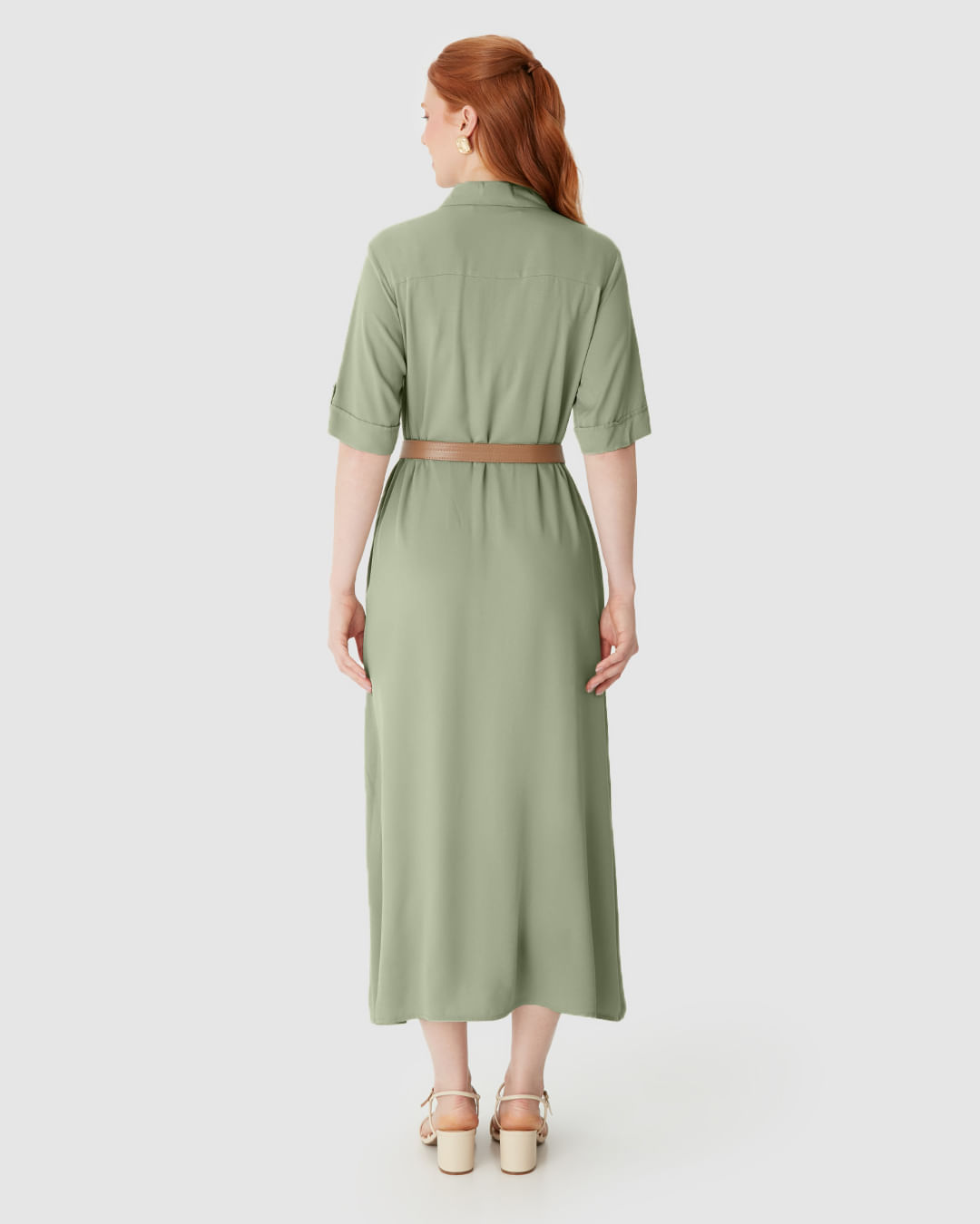 Vestido Midi Feminino Chemise Acompanha Cinto Em Viscose Sarjada - Imagem 15