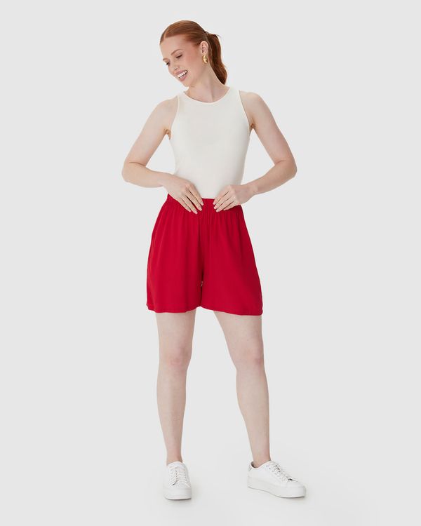 Shorts Alfaiataria Feminino Cós Elástico Bolso Faca Em Viscose Vermelho - M