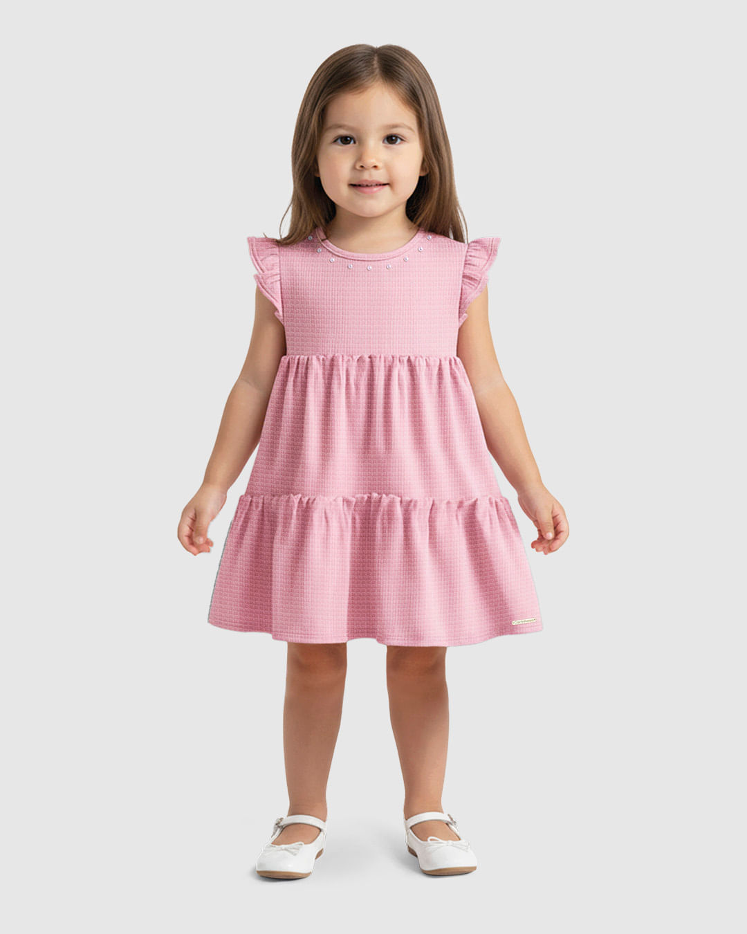 Vestido Menina Camadas Decote Aplique Pérolas Em Malha Texturizada - Carinhoso