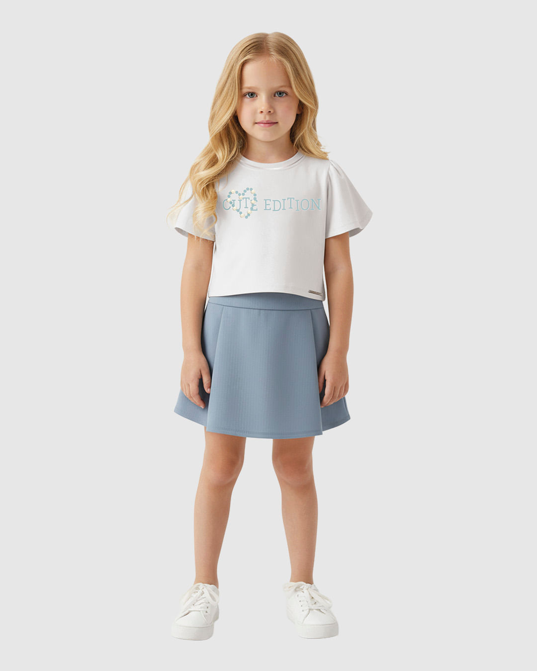 Conjunto Menina Cute Edition Bordado Pérolas Blusa E Shorts Saia - Carinhoso