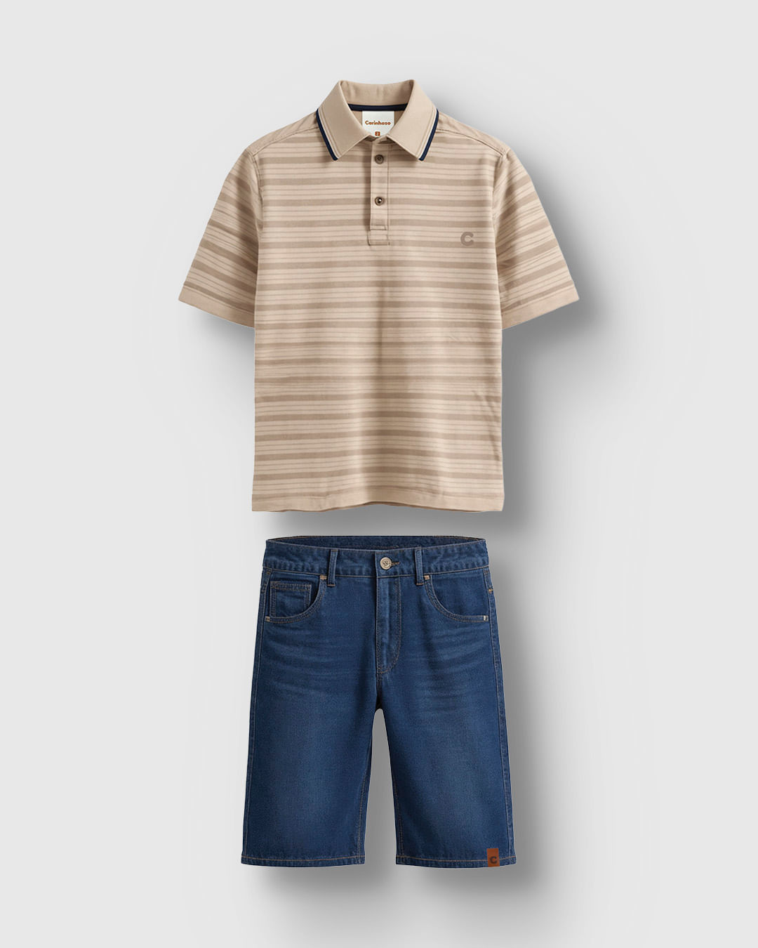 Conjunto Menino Camisa Polo Listrada E Bermuda Jeans Stretch - Carinhoso