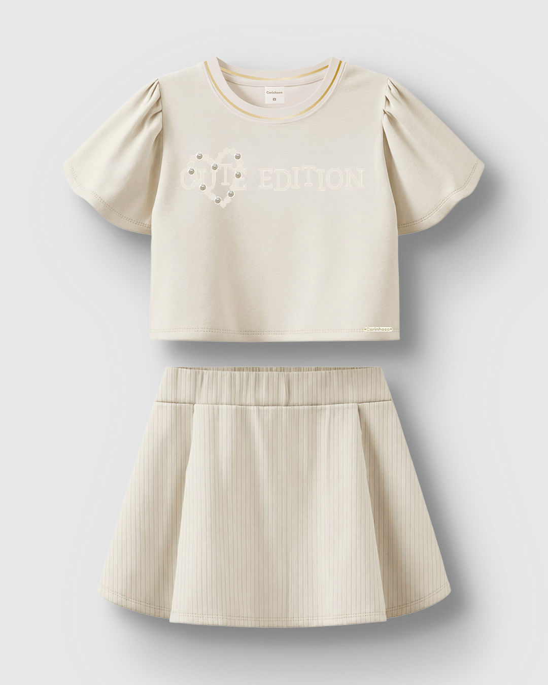 Conjunto Menina Cute Edition Bordado Pérolas Blusa e Shorts Saia - Carinhoso